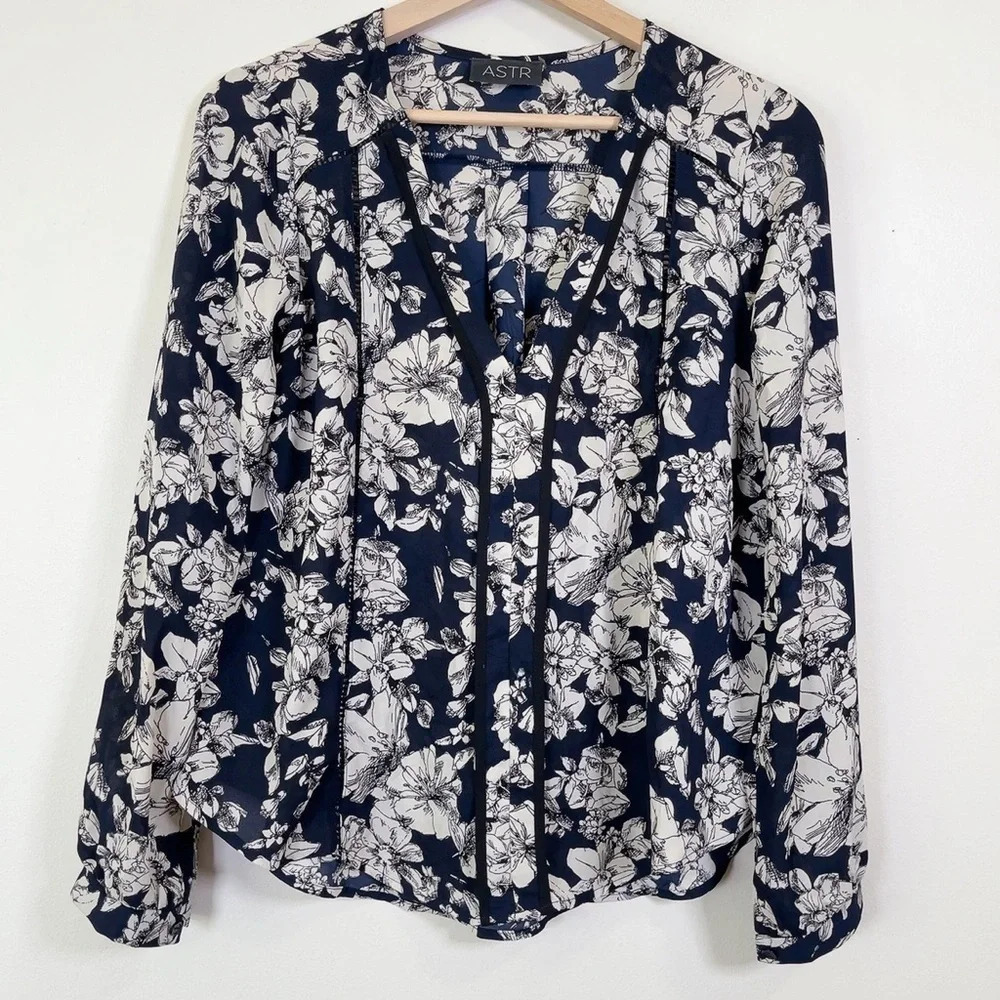 Astr Floral  Navy Slit Neck Blouse